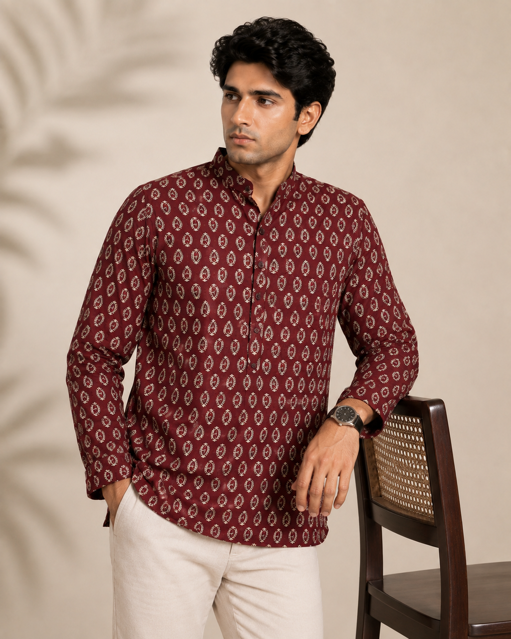 Men's Maroon Sanganeri Print Cotton Short Kurta