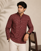 Men's Maroon Sanganeri Print Cotton Short Kurta