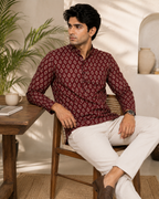 Men's Maroon Sanganeri Print Cotton Short Kurta