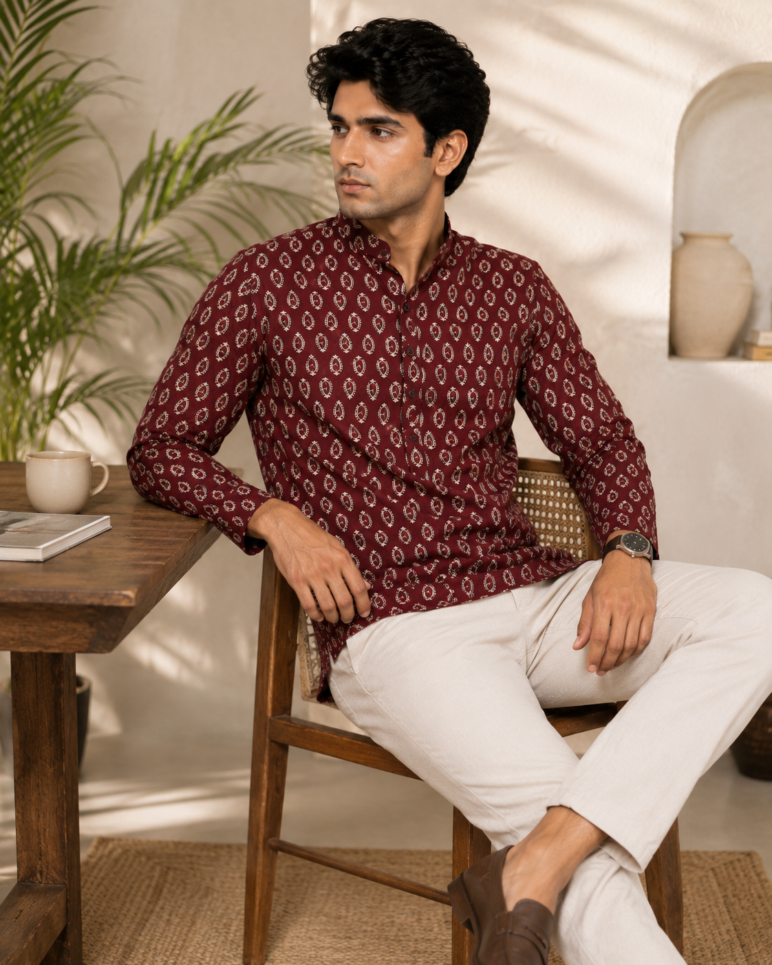 Men's Maroon Sanganeri Print Cotton Short Kurta