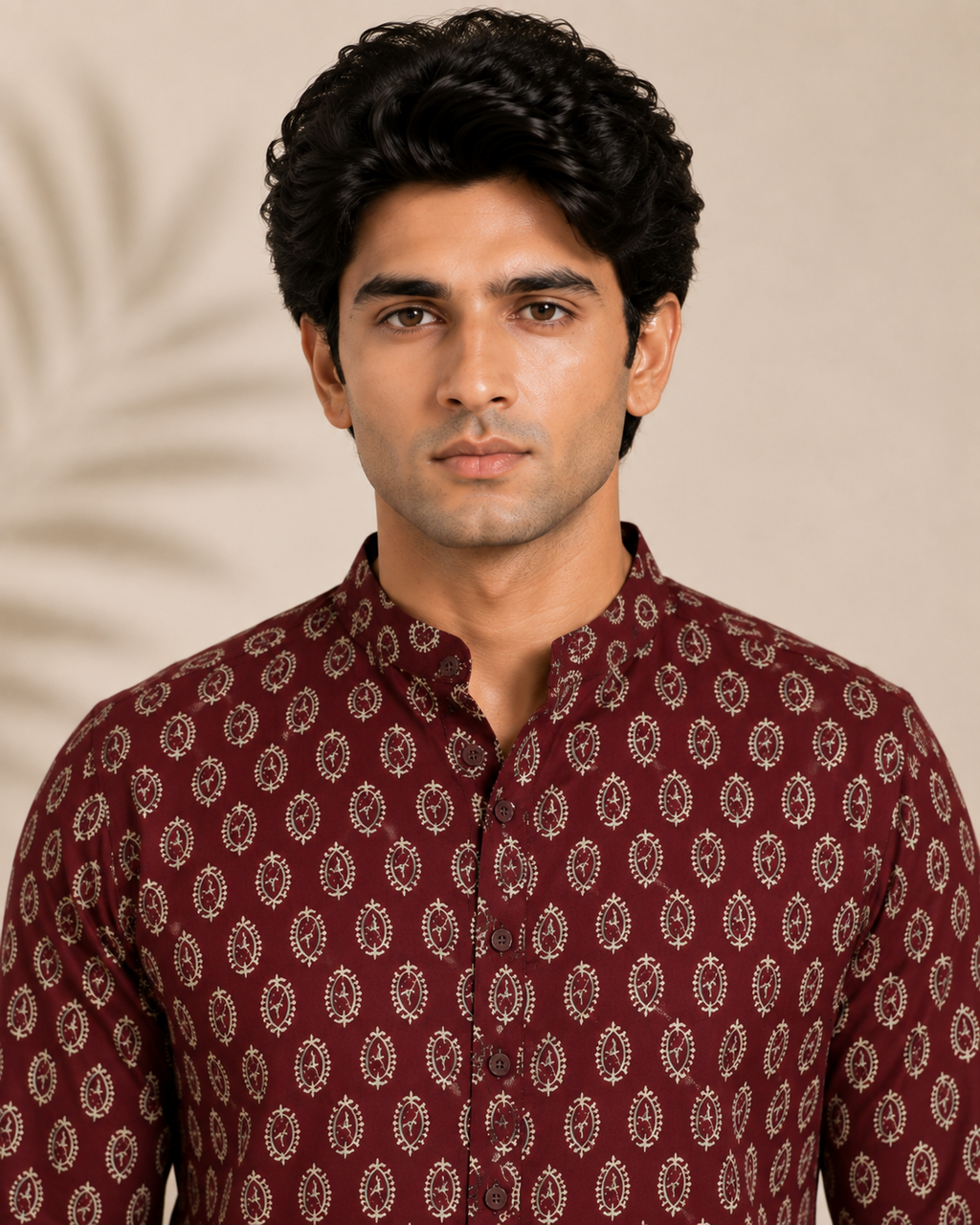 Men's Maroon Sanganeri Print Cotton Short Kurta