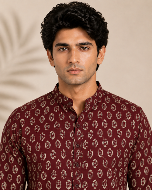 Men's Maroon Sanganeri Print Cotton Short Kurta