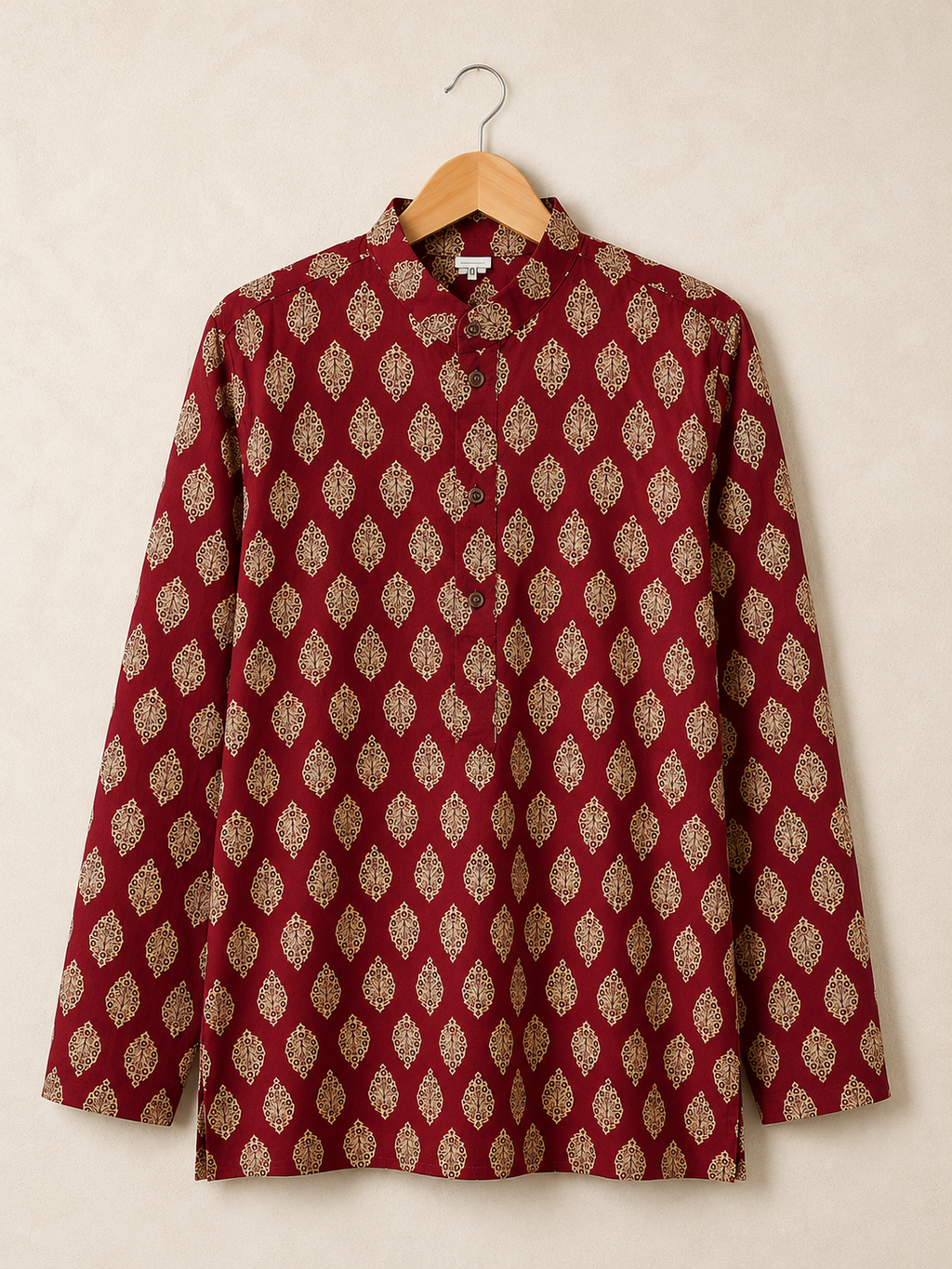 Men's Maroon Sanganeri Print Cotton Short Kurta