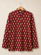 Men's Maroon Sanganeri Print Cotton Short Kurta