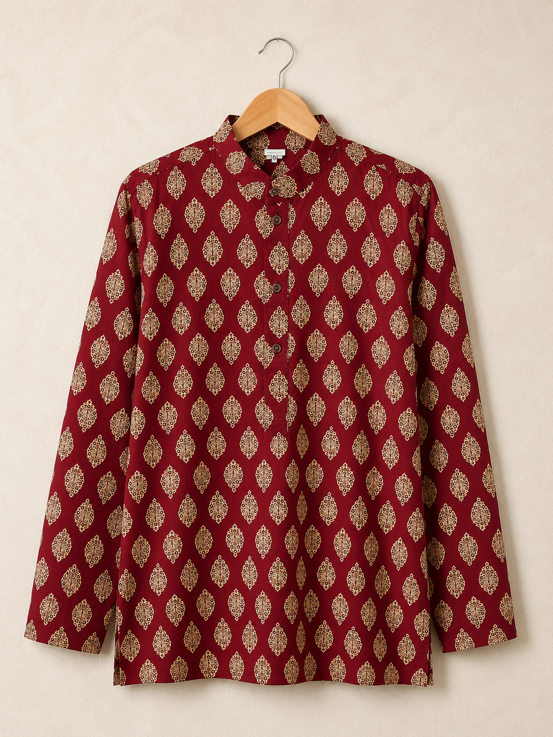 Men's Maroon Sanganeri Print Cotton Short Kurta