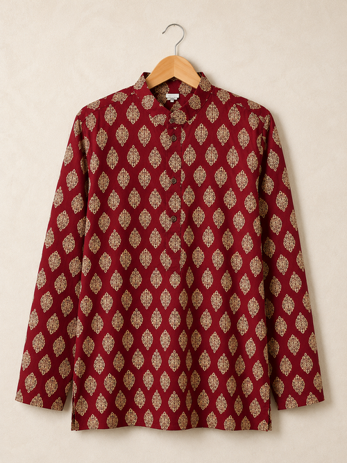 Men's Maroon Sanganeri Print Cotton Short Kurta