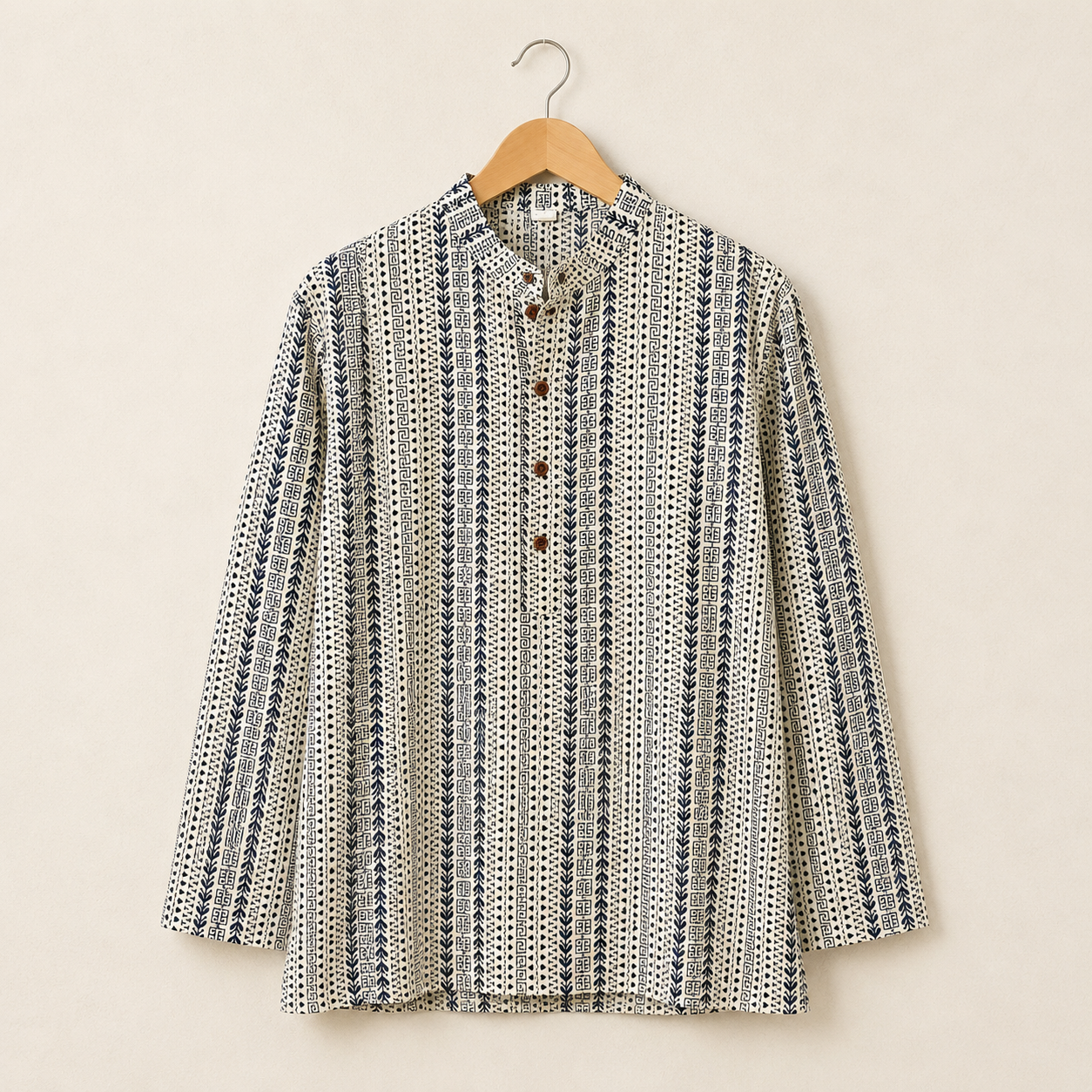 Men's Ivory & Navy Sanganeri Print Cotton Short Kurta