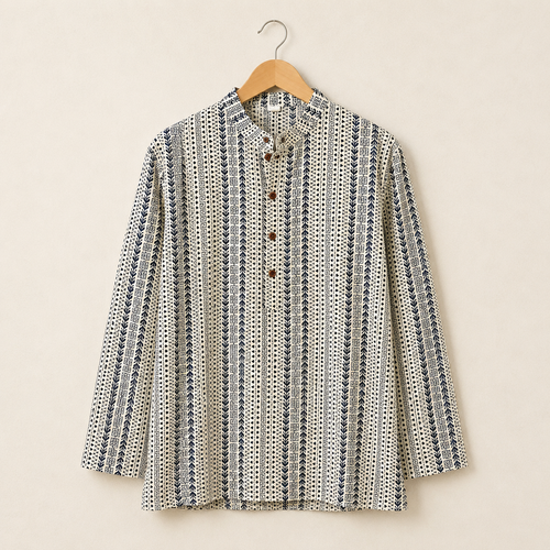 Men's Ivory & Navy Sanganeri Print Cotton Short Kurta