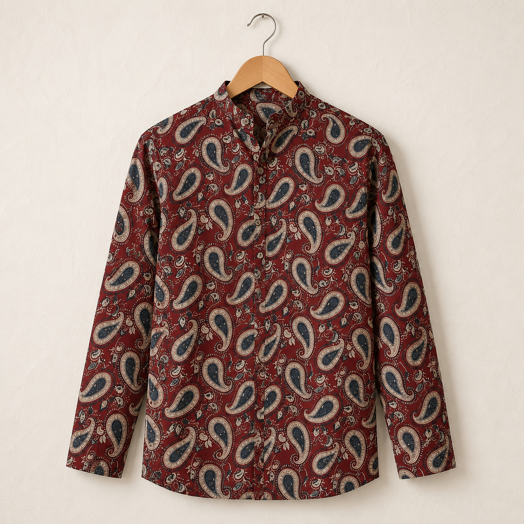 Men’s Maroon Sanganeri Print Cotton Short Kurta
