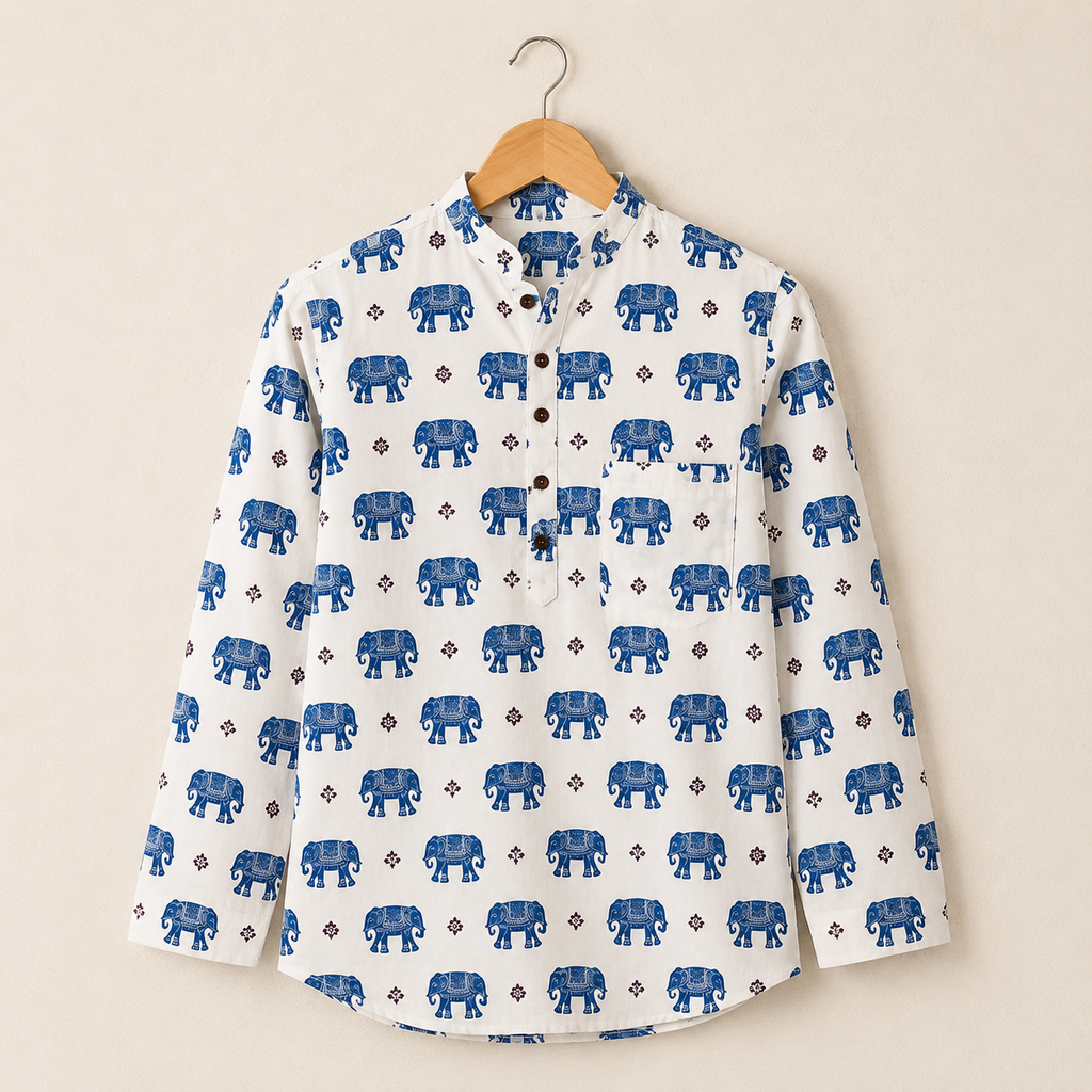 Men’s White Elephant Sanganeri Print Cotton Short Kurta