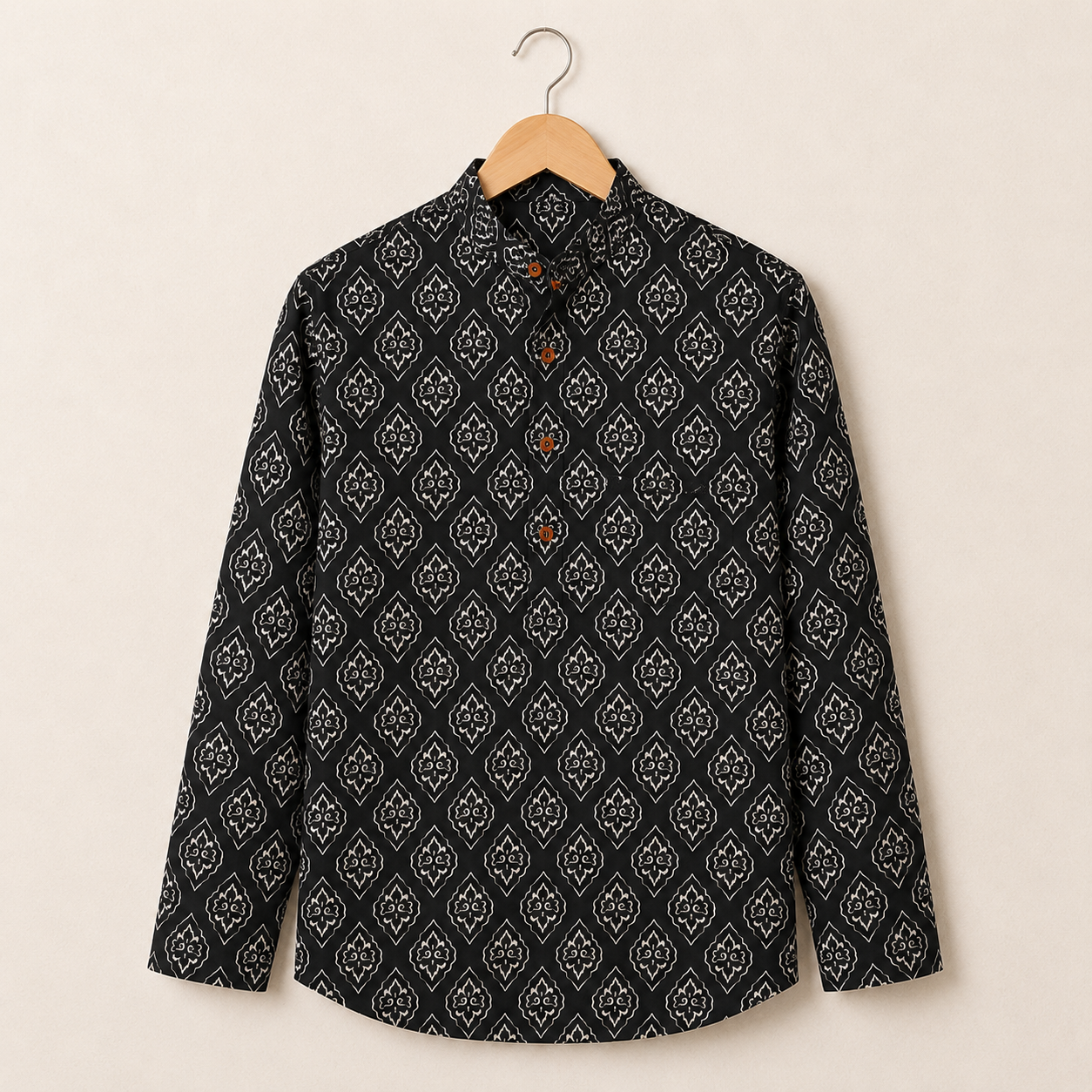 Men’s Black Sanganeri Print Cotton Short Kurta