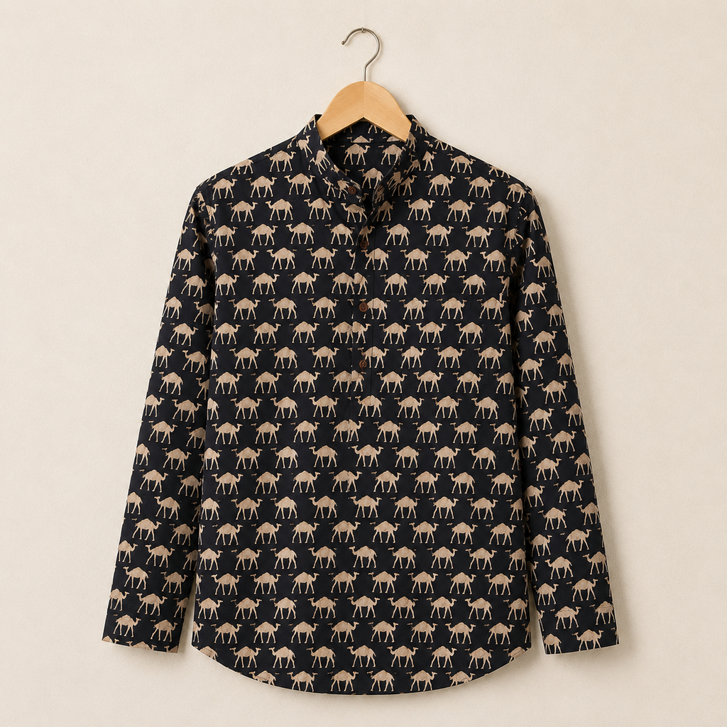 Men’s Black Sanganeri Print Cotton Short Kurta