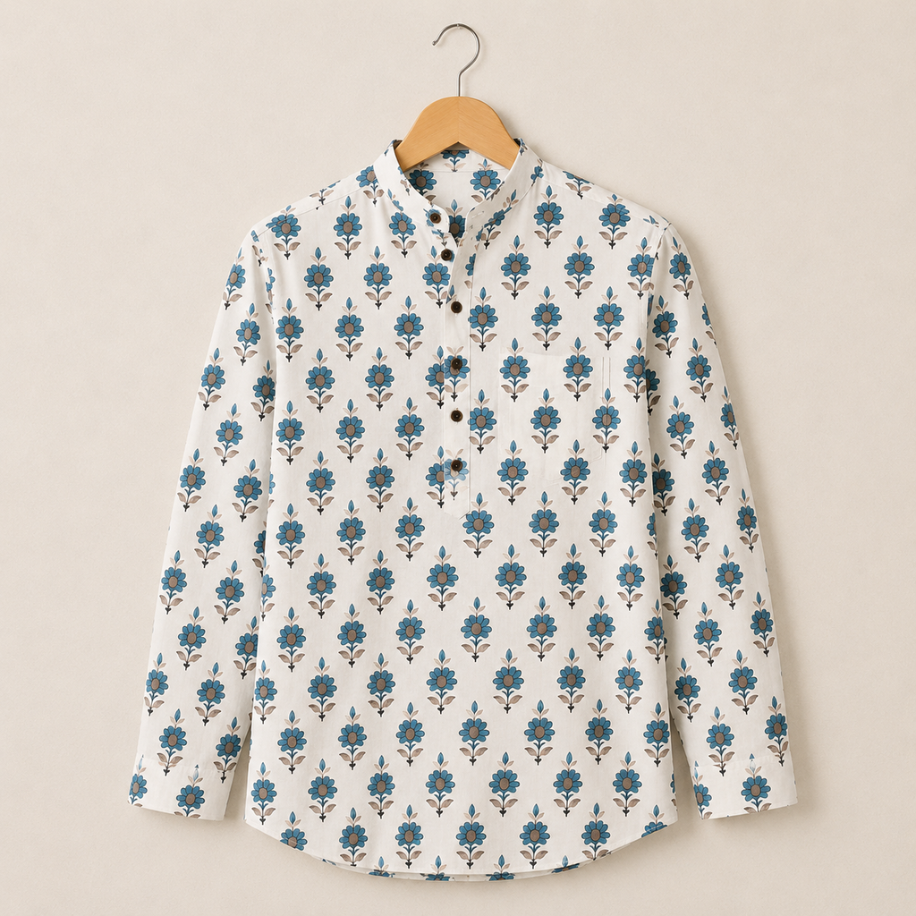 Men’s Ivory Blue Sanganeri Print Cotton Short Kurta