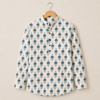 Men’s Ivory Blue Sanganeri Print Cotton Short Kurta
