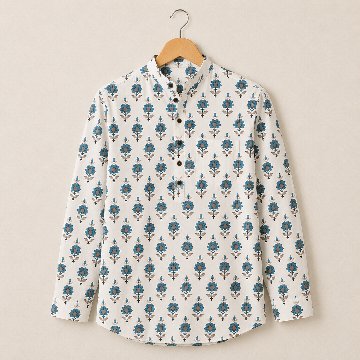 Men’s Ivory Blue Sanganeri Print Cotton Short Kurta