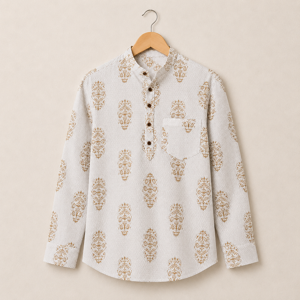 Men’s Ivory Floral Sanganeri Print Cotton Short Kurta