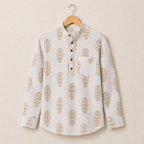 Men’s Ivory Floral Sanganeri Print Cotton Short Kurta
