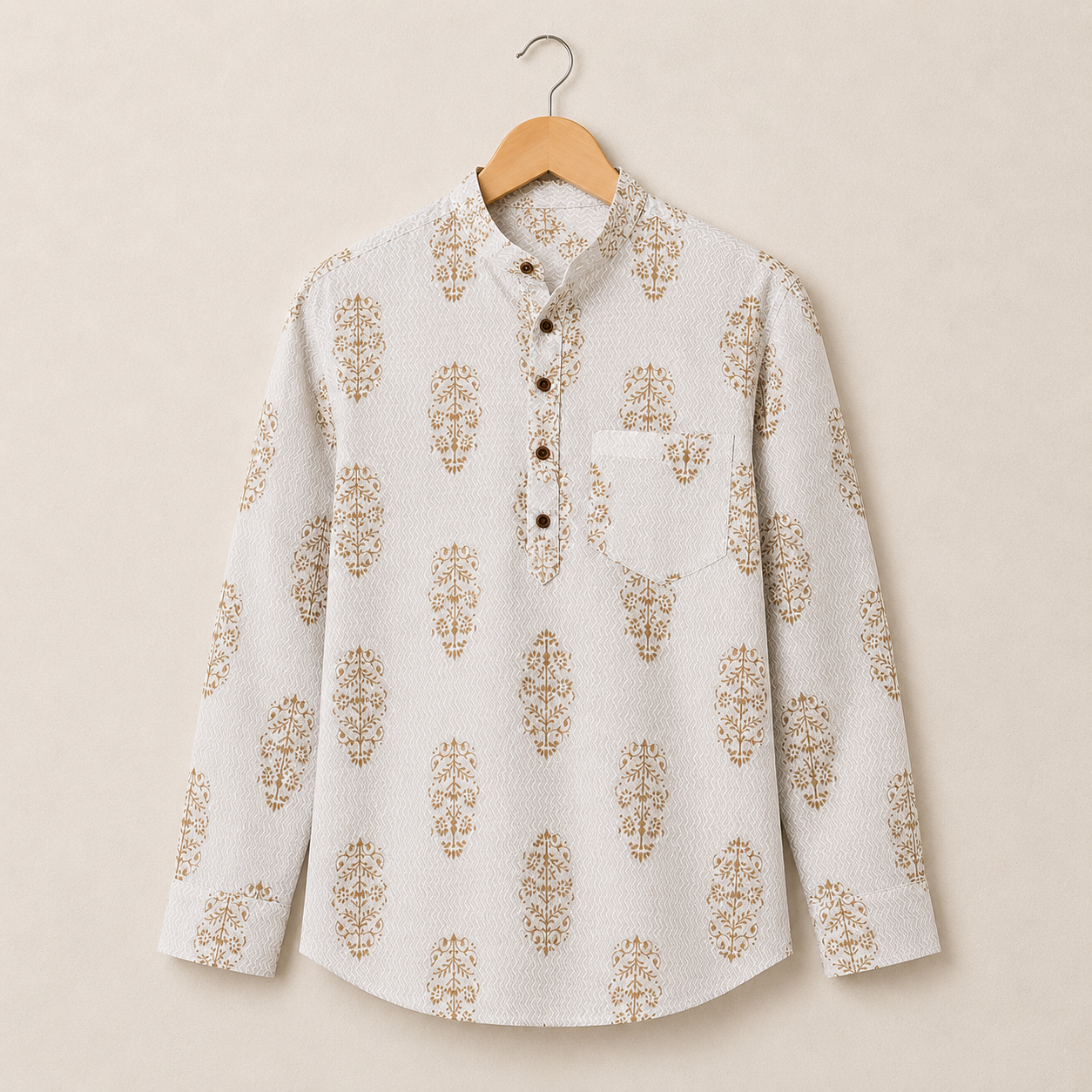 Men’s Ivory Floral Sanganeri Print Cotton Short Kurta