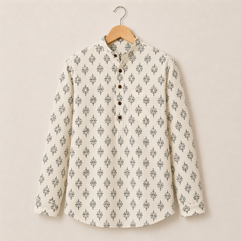 Men’s White Sanganeri Print Cotton Short Kurta