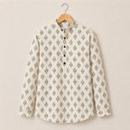 Men’s White Sanganeri Print Cotton Short Kurta