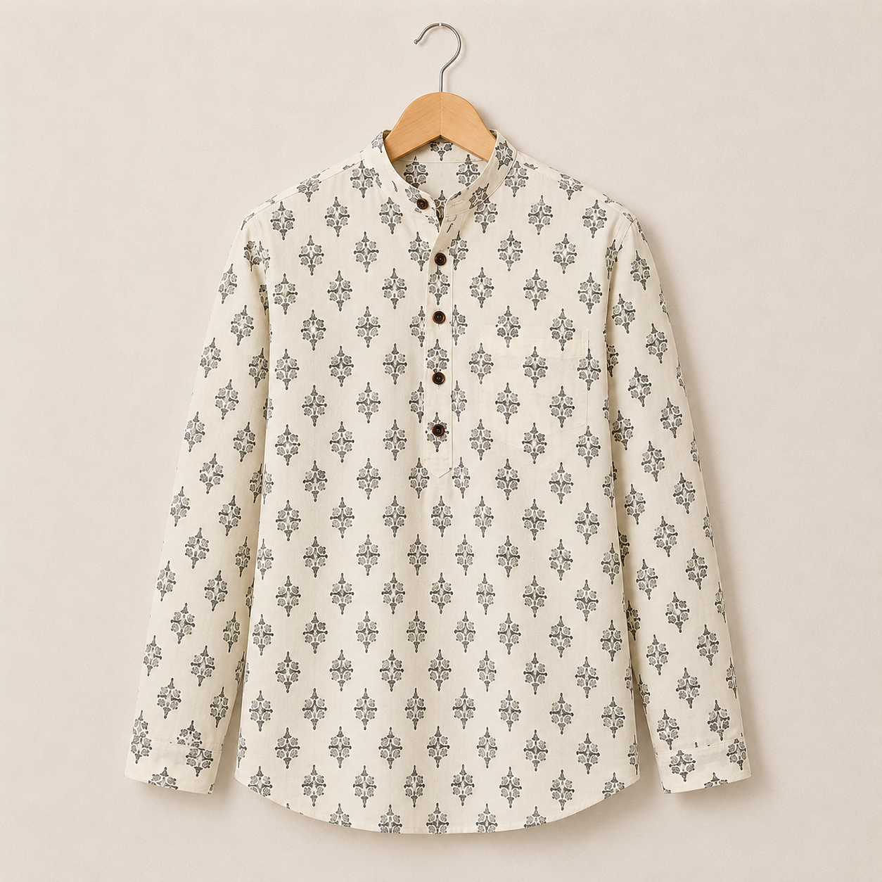 Men’s White Sanganeri Print Cotton Short Kurta