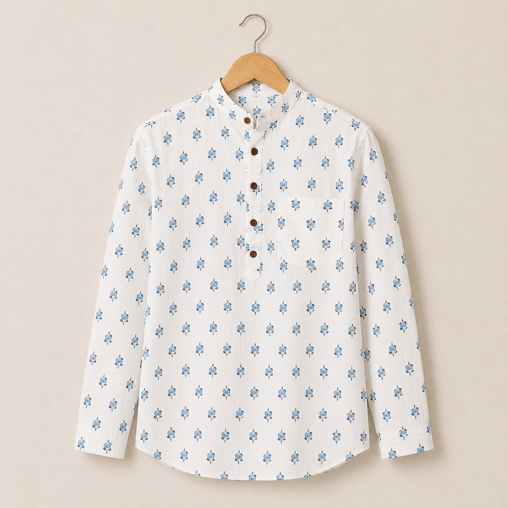 Men’s White Floral Print Cotton Short Kurta
