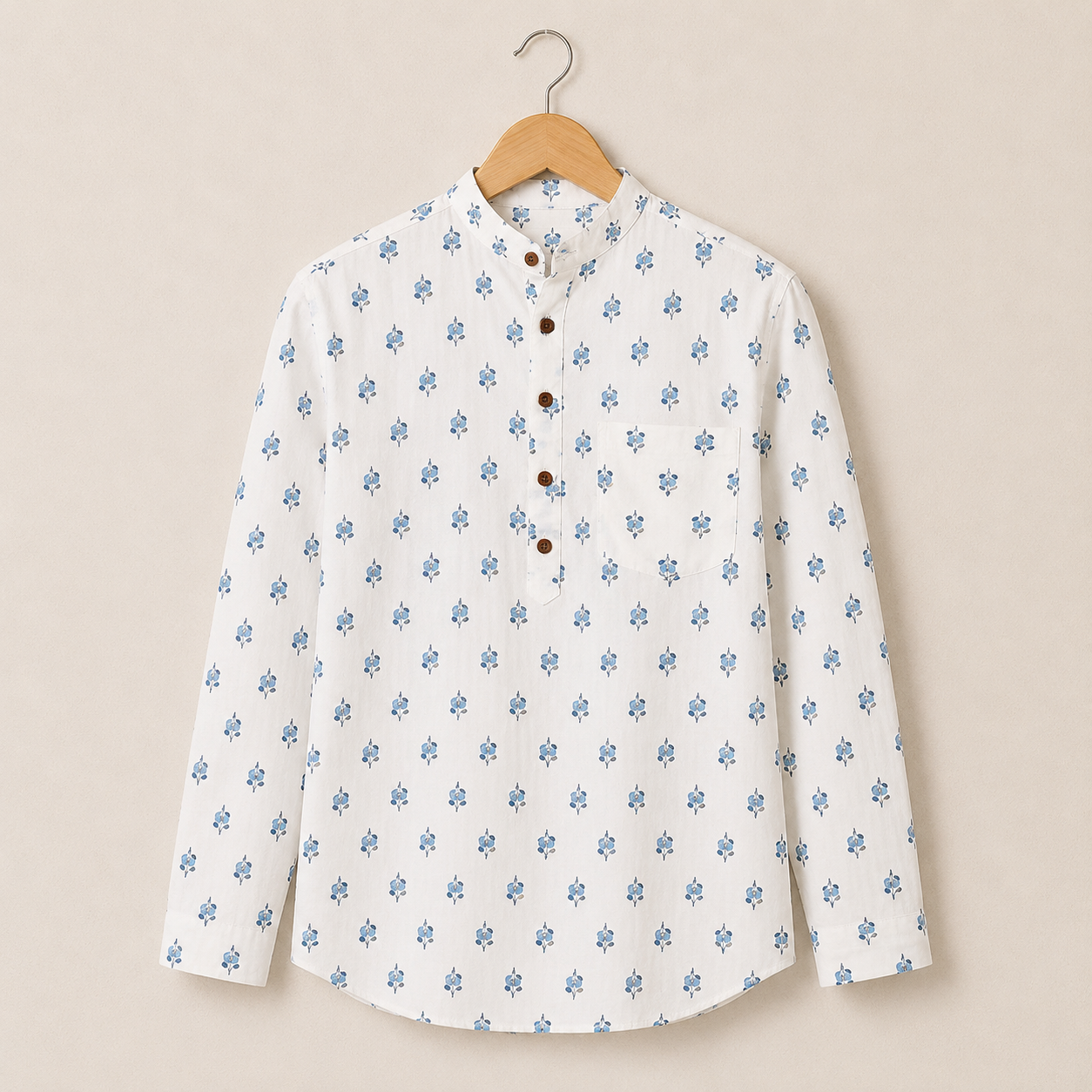 Men’s White Floral Print Cotton Short Kurta