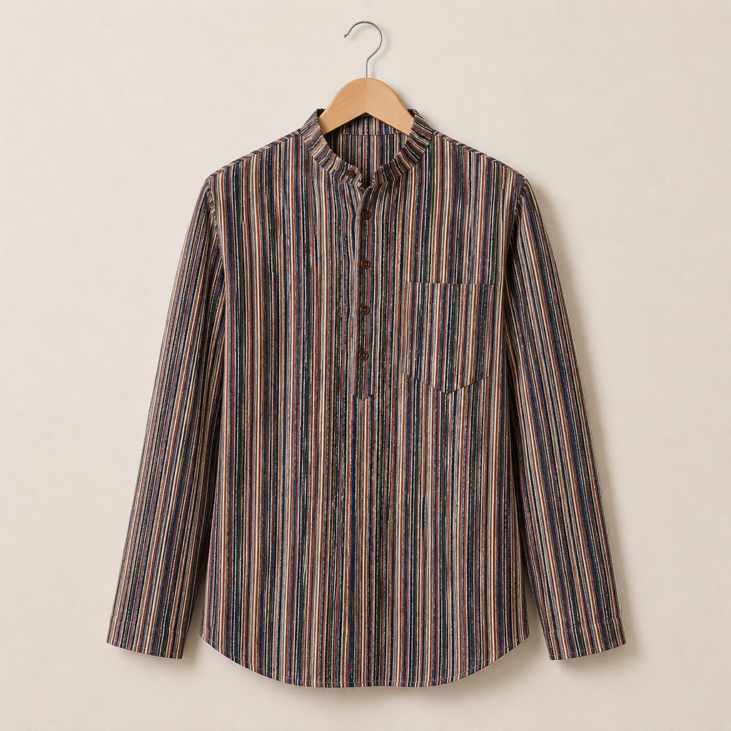 Men’s Multistripe Sanganeri Print Cotton Short Kurta