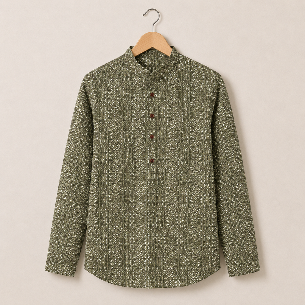 Men’s Olive Green Sanganeri Print Cotton Short Kurta