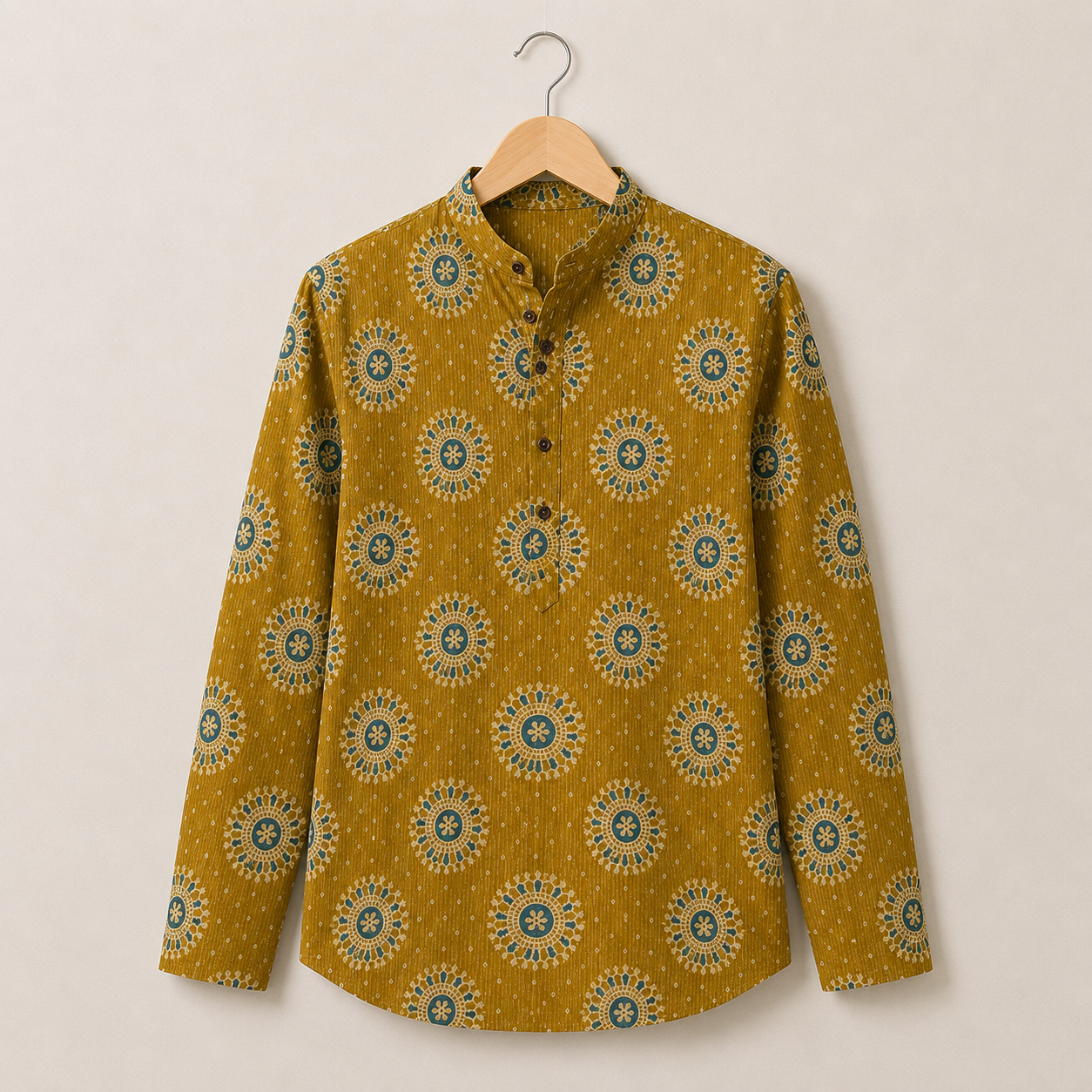 Men’s Mustard Sanganeri Print Cotton Short Kurta