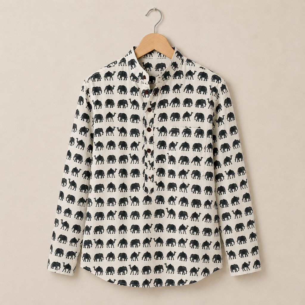 Men’s Ivory Sanganeri Print Cotton Short Kurta