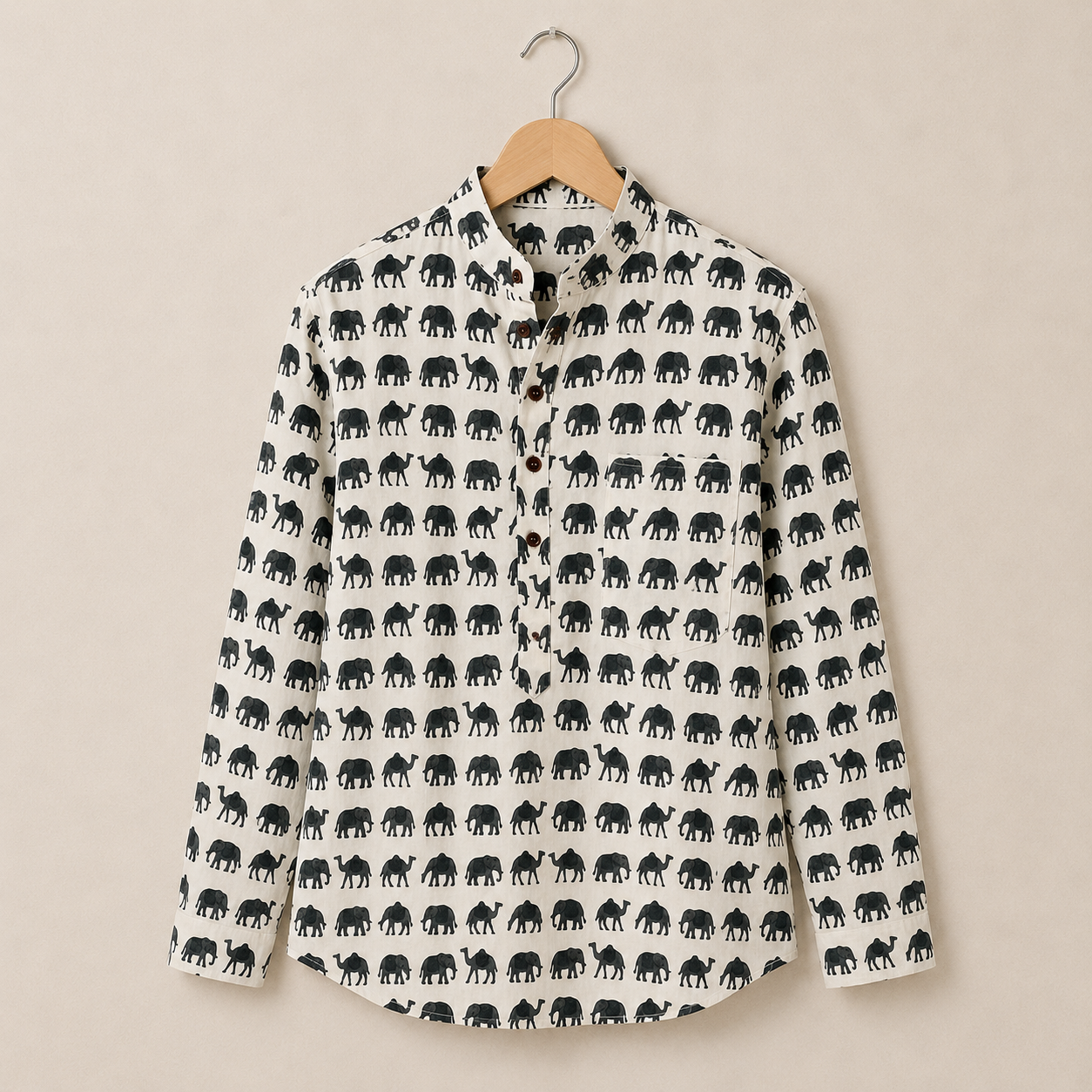 Men’s Ivory Sanganeri Print Cotton Short Kurta