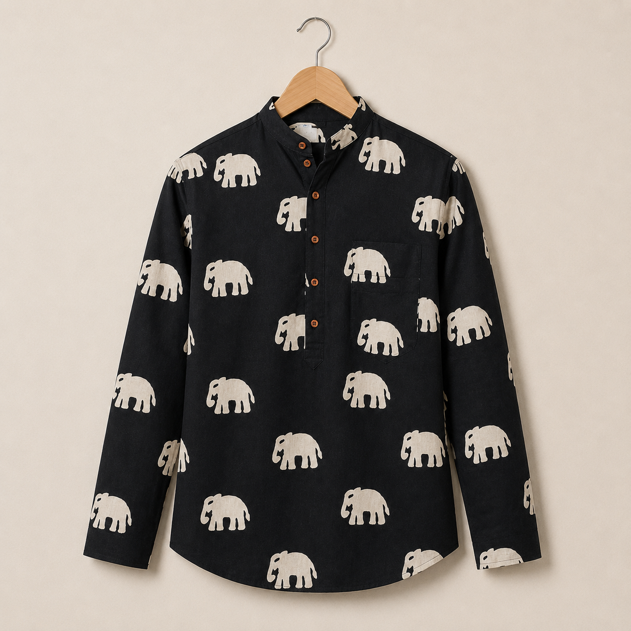 Men’s Black Elephant Print Cotton Short Kurta