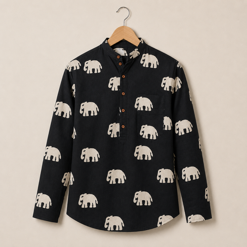 Men’s Black Elephant Print Cotton Short Kurta