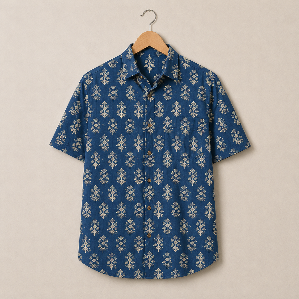 Men’s Blue Sanganeri Print Half Sleeve Casual Shirt