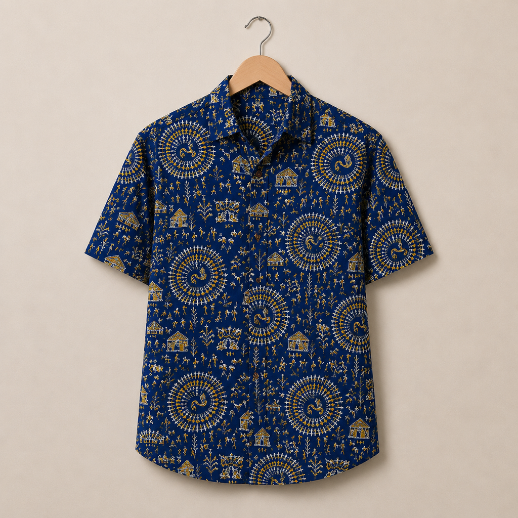 Men’s Royal Blue Sanganeri Print Half Sleeve Casual Shirt