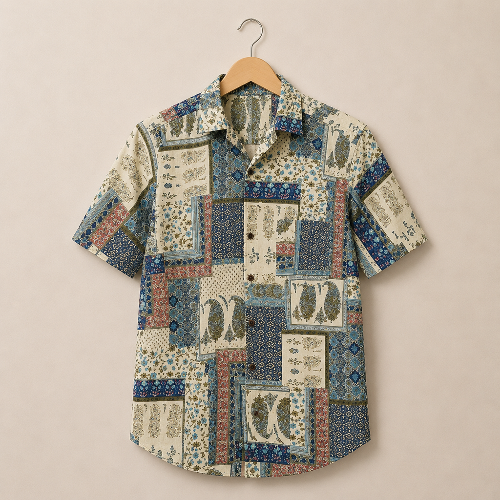 Men’s Patchwork Sanganeri Print Half Sleeve Casual Shirt