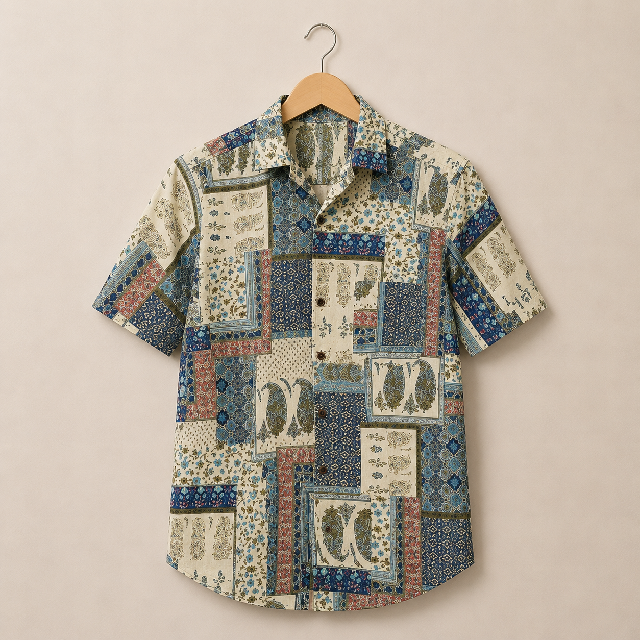 Men’s Patchwork Sanganeri Print Half Sleeve Casual Shirt