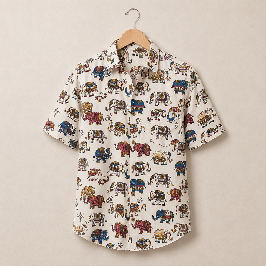 Men’s White Sanganeri Print Half Sleeve Casual Shirt