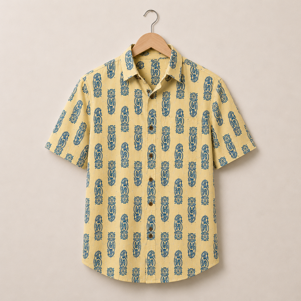 Men’s Beige Sanganeri Print Half Sleeve Cotton Printed Shirt