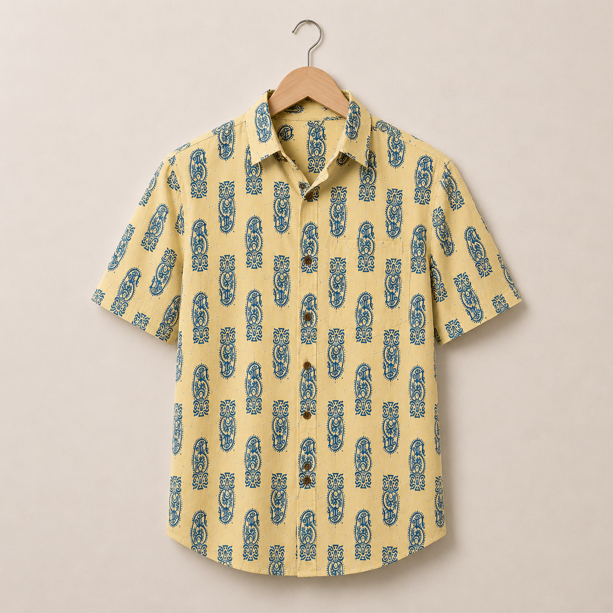 Men’s Beige Sanganeri Print Half Sleeve Cotton Printed Shirt