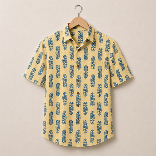 Men’s Beige Sanganeri Print Half Sleeve Cotton Printed Shirt