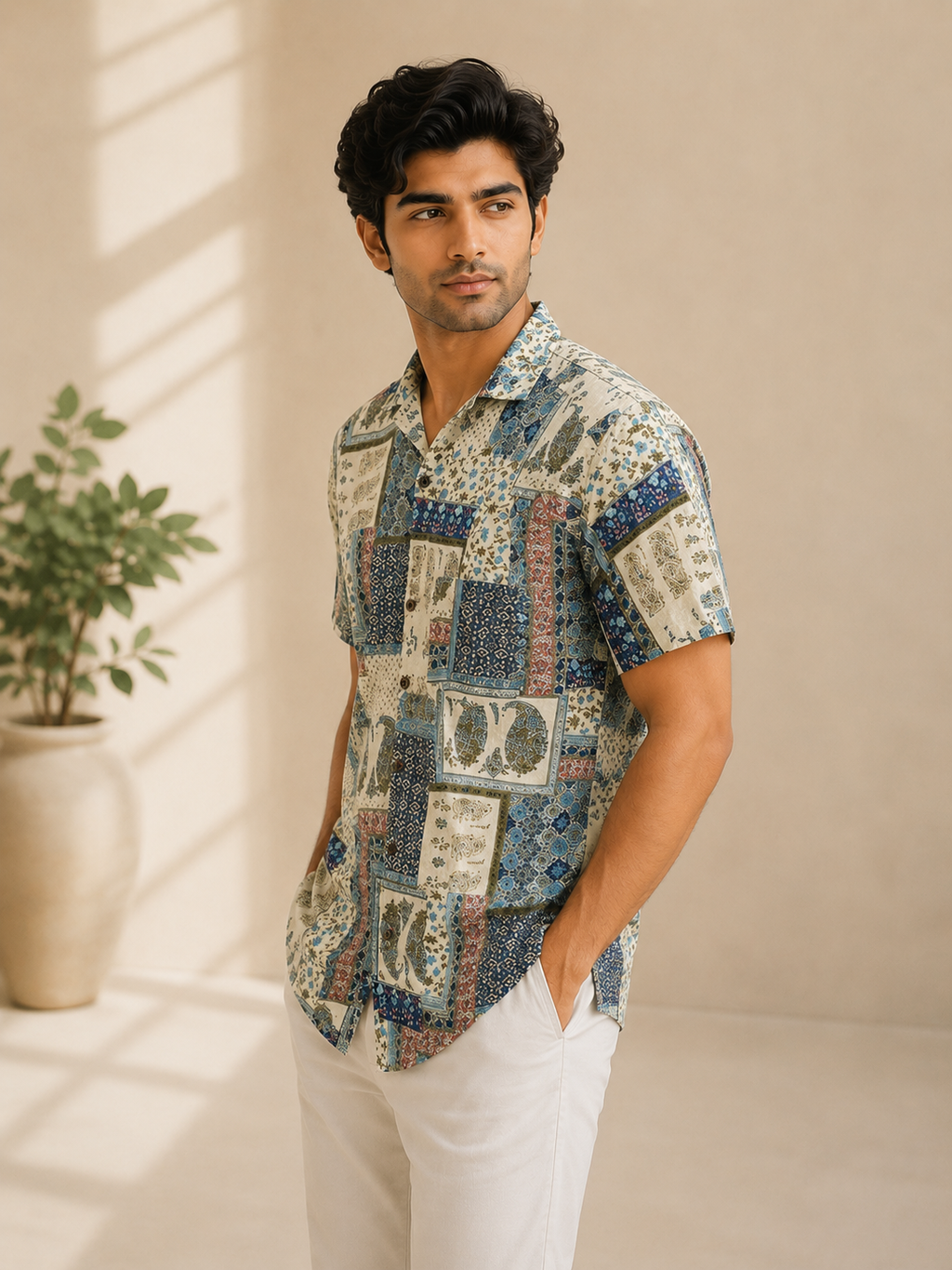 Men’s Patchwork Sanganeri Print Half Sleeve Casual Shirt
