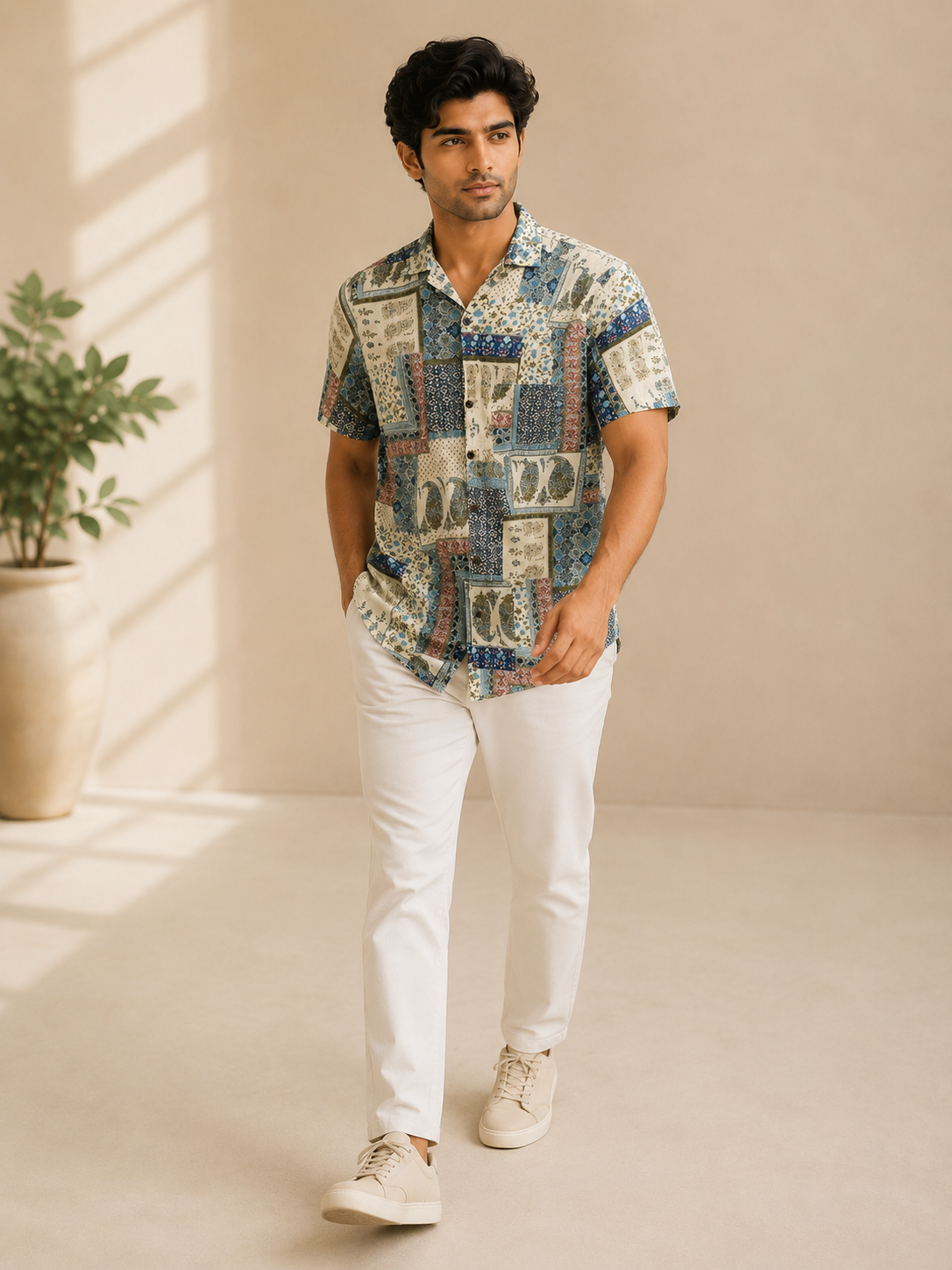 Men’s Patchwork Sanganeri Print Half Sleeve Casual Shirt