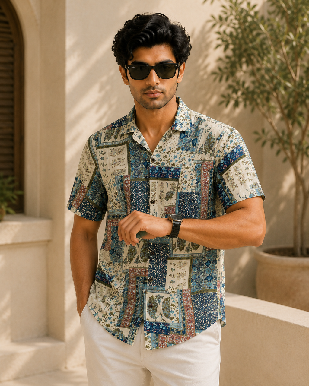 Men’s Patchwork Sanganeri Print Half Sleeve Casual Shirt