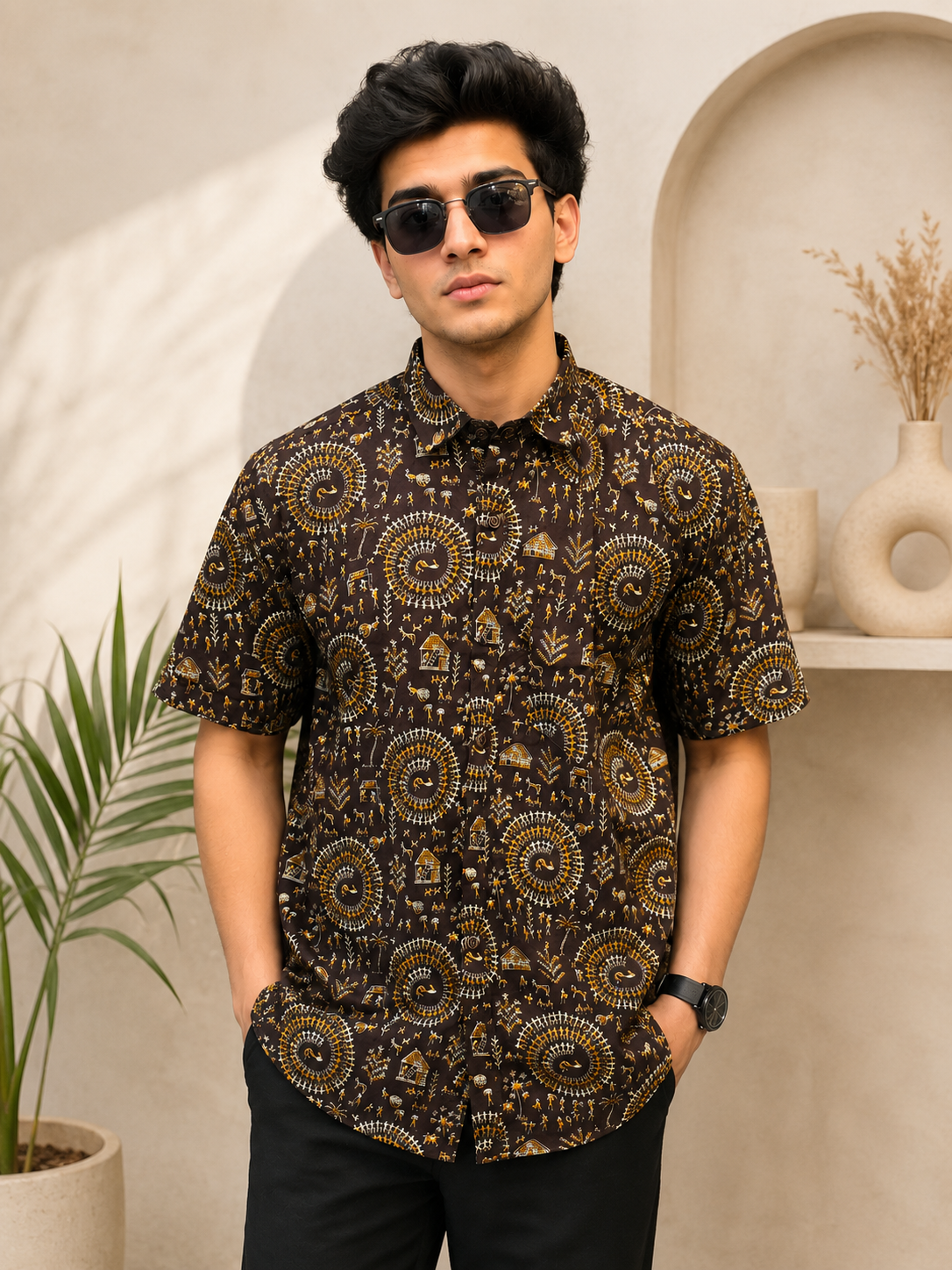 Men’s Brown Tribal Sanganeri Print Half Sleeve Casual Shirt