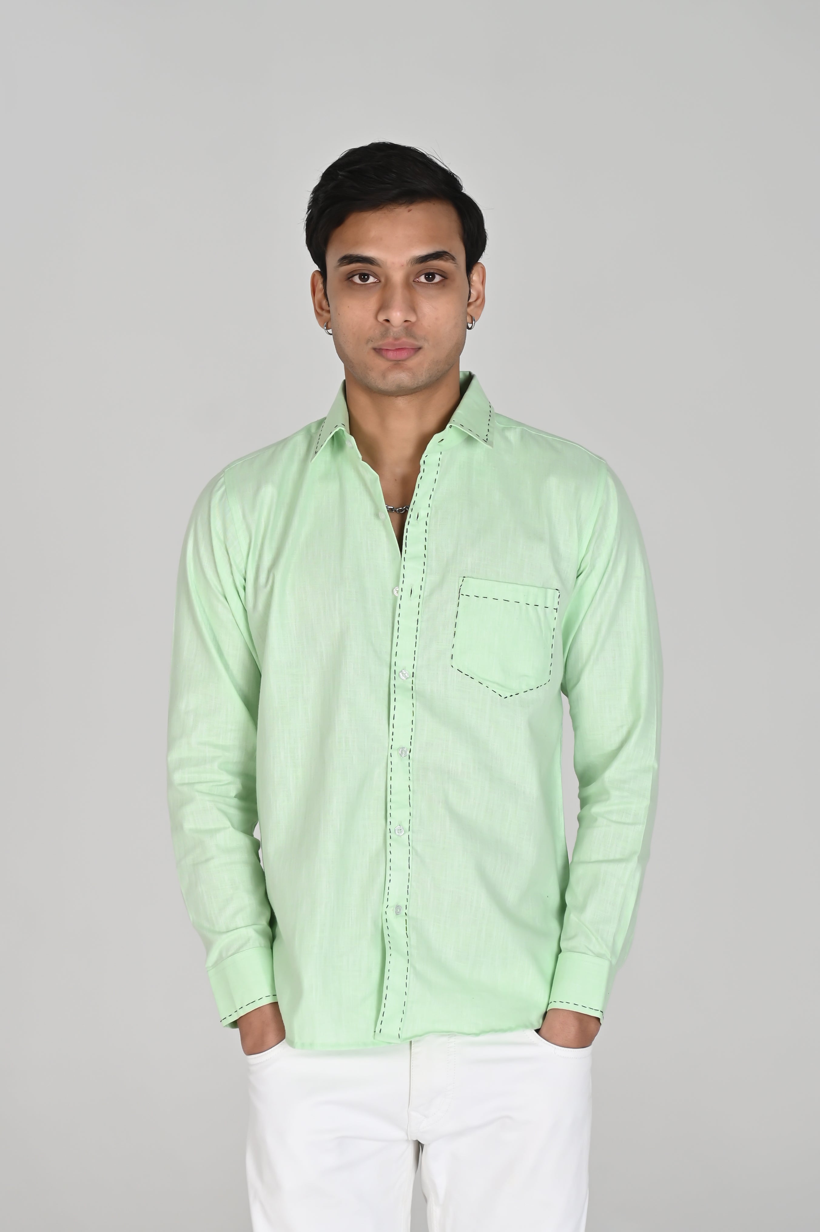 Men’s Mint Green Shirt with Contrast Black Thread Work