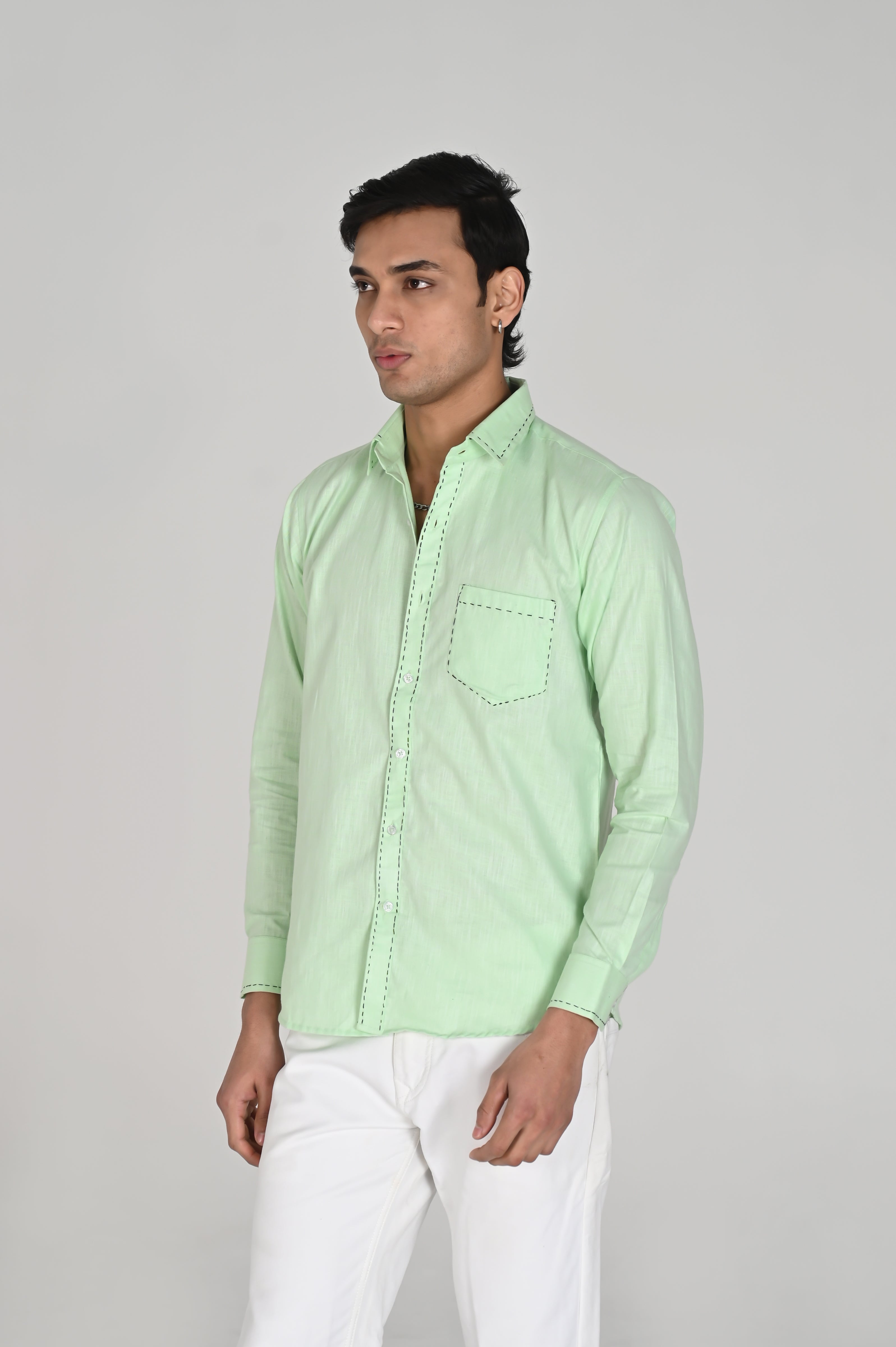 Men’s Mint Green Shirt with Contrast Black Thread Work