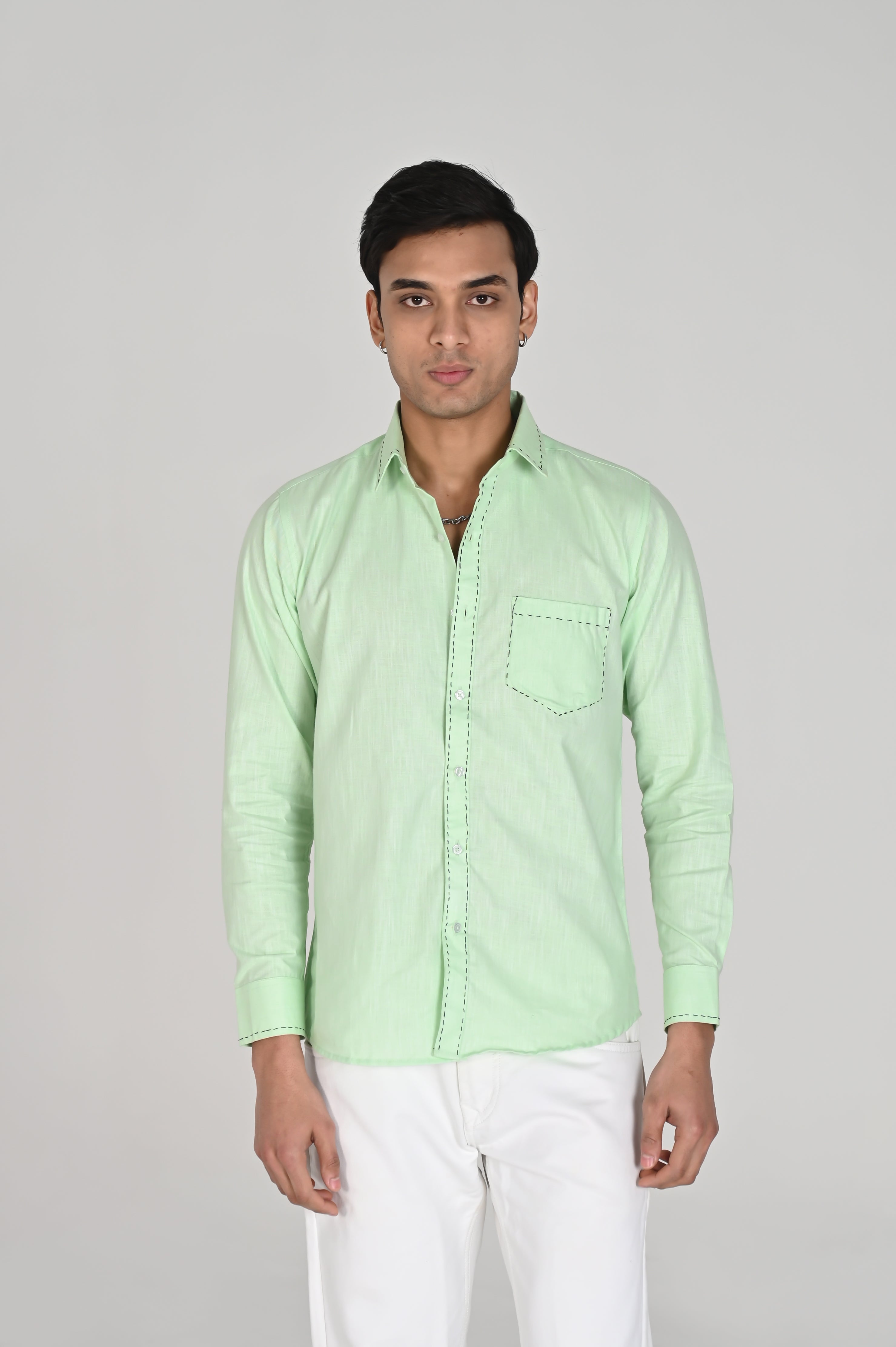 Men’s Mint Green Shirt with Contrast Black Thread Work