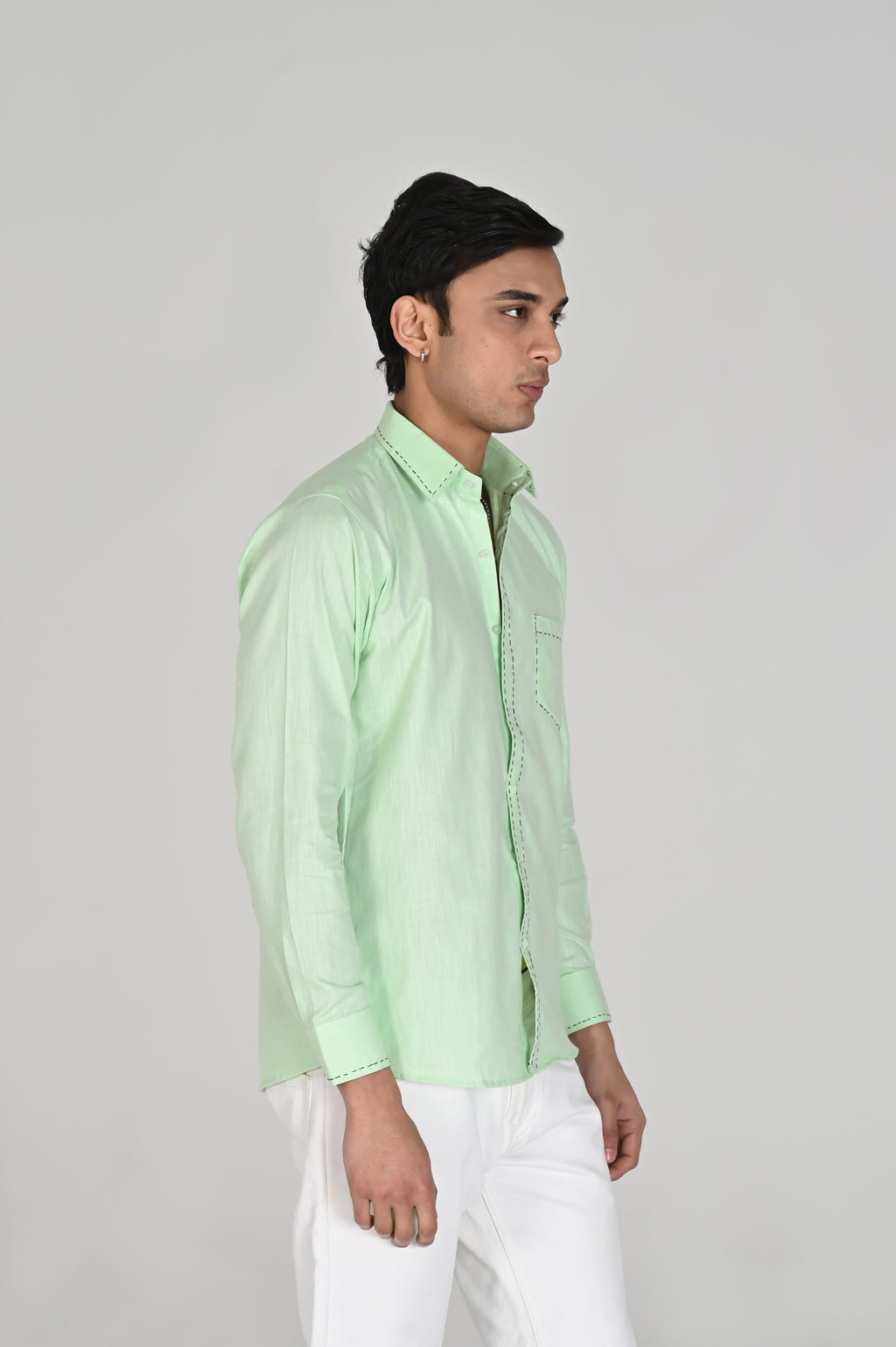 Men’s Mint Green Shirt with Contrast Black Thread Work